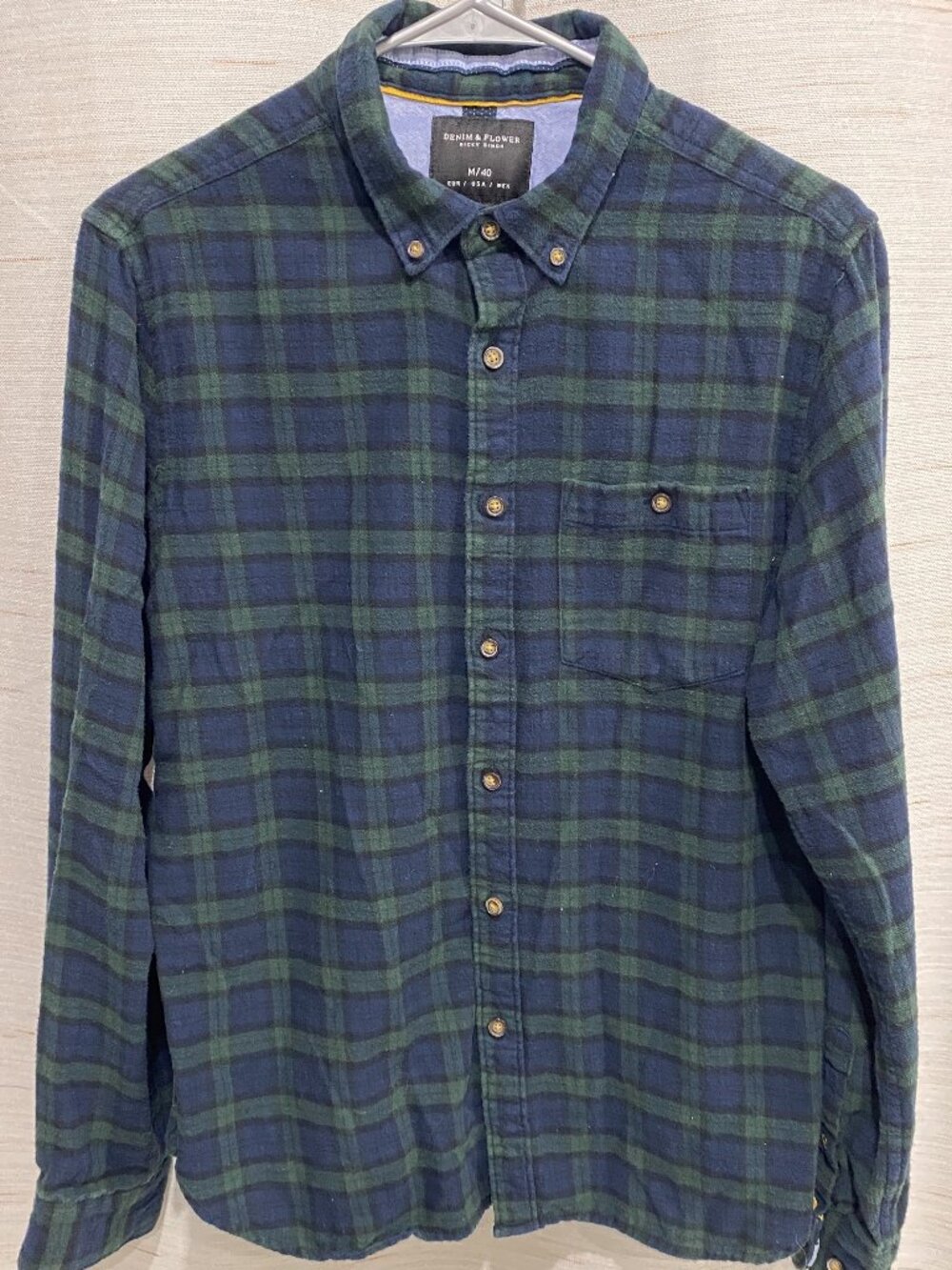 Demin & Flower Ricky Singh Button-up Flannel Shirt Green Blue Medium Mens (287)